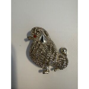 Vintage Sarah Coventry Poodle Brooch‎ Silver Tone Red Rhinestone Eye Dog Pin